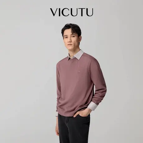 VICUTU威可多男士长袖针织衫100%绵羊毛舒暖亲肤圆领商务休闲毛衣图片