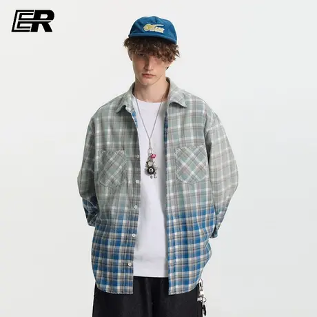 ER格纹主义翻领长袖衬衫男2025秋季潮牌宽松衬衣服薄款情侣外套女图片