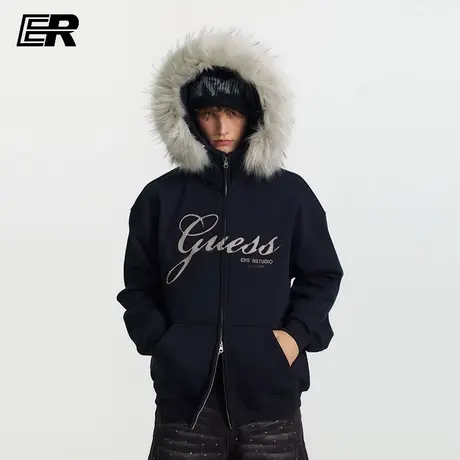 ER毛领双拉链开衫卫衣2025秋季新款港风复古情侣宽松潮牌连帽外套图片