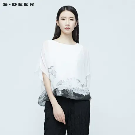 sdeer圣迪奥女装夏季水墨印花蝙蝠袖雪纺衬衫女S20280401🎯商品大图