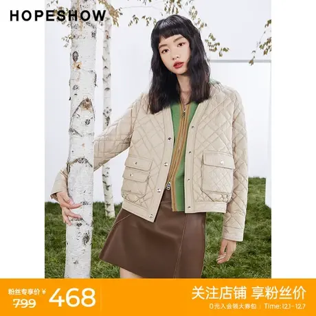 红袖outlets菱形格羽绒服hopeshow2023秋季新款女单排扣保暖外套商品大图