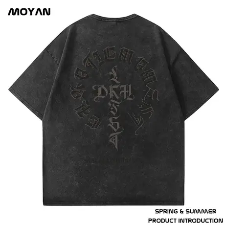 美式重磅t恤潮牌宽松胖子短袖复古水洗做旧加肥加大码男装半截袖商品大图