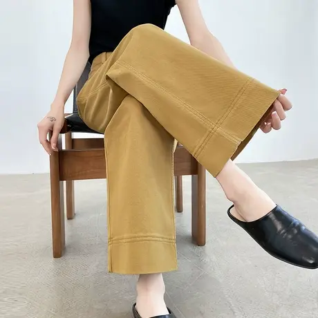 姜黄色九分阔腿牛仔裤女夏季薄款高腰显瘦垂感小个子宽松直筒裤子商品大图
