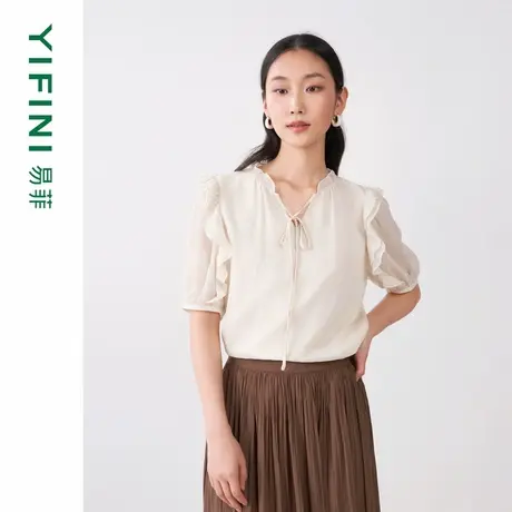 [专柜同款]Yifini/易菲荷叶边V领浪漫优雅宽松短款套头小衫春秋新商品大图