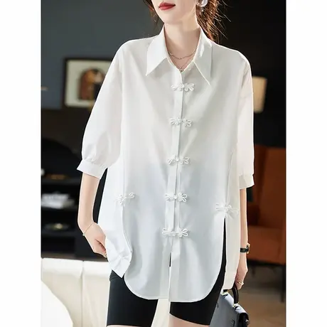 宝诗黎蝙蝠袖盘扣宽松衬衫2025夏季五分袖气质新中式棉质衬衣女商品大图