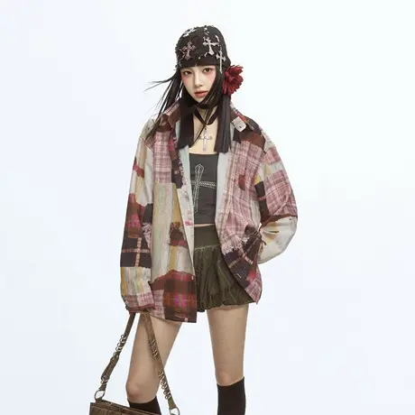 复古做旧拼接毛边格子衬衫女春秋2025年新款宽松上衣潮牌长袖衬衣图片