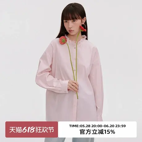 omont蛋挞家复古木耳边领廓形长袖衬衫2025夏季宽松休闲粉色衬衣商品大图
