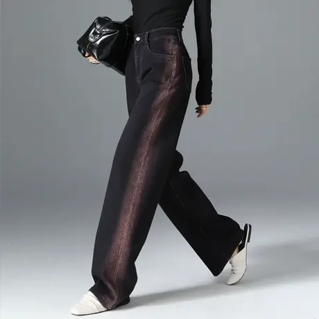 撞色高腰阔腿牛仔裤女2025春秋显瘦黑色设计感裤子垂感直筒拖地裤商品大图