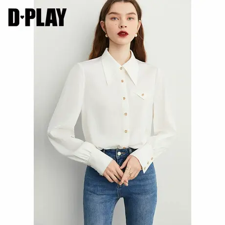 DPLAY气质通勤风时尚白金属扣宽松直筒翻领缎面四季款衬衫商品大图