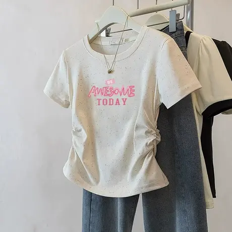 新款正肩圆领高级感彩虹波点短袖夏季褶皱收腰修身短袖t恤女上衣图片