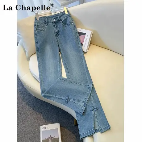 拉夏贝尔新中式国风牛仔微喇裤夏薄款2025新款爆款开叉九分喇叭裤商品大图