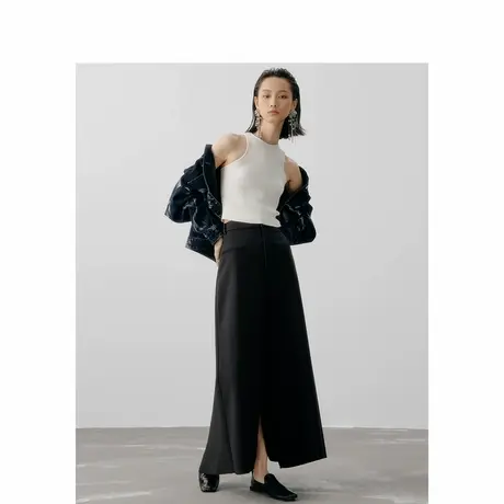 子苞米黑色A字长款西装半身裙2024秋季新款气质开叉设计感裙子女商品大图