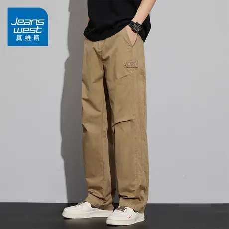 KZ真维斯春秋季纯棉工装阔腿休闲裤男士直筒卡其色男裤子痞帅潮牌商品大图