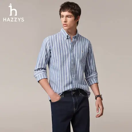 Hazzys哈吉斯秋季上衣竖条纹休闲衬衫通勤简约男士潮流长袖衬衣图片