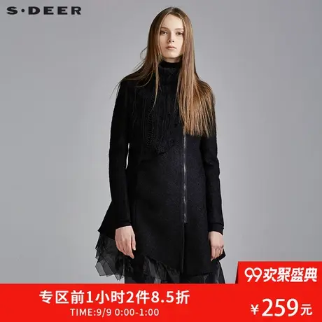 sdeer圣迪奥女2018冬装针织欧根纱拼接气质修身毛呢大衣S15481826图片