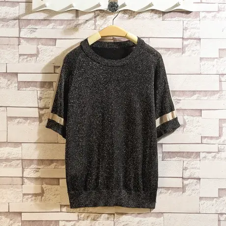 薄款冰丝针织衫女短袖t恤低圆领套头女士亮丝打底衫黑色宽松上衣图片