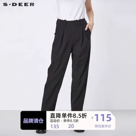 sdeer圣迪奥女装秋季直筒裤时尚压褶撞色插袋黑色长裤S21360817图片