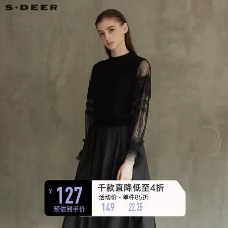sdeer圣迪奥冬装复古罗纹圆领蕾丝网纱黑色针织S21463587图片