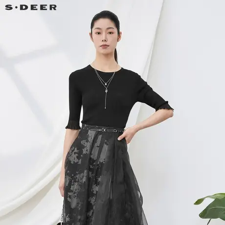 sdeer女装修身短款圆领荷叶袖针织衫打底衫女内搭S20183502图片