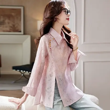 宝诗黎翻领提花镂空长袖衬衫2025夏季洋气新中式百搭休闲气质衬衣图片