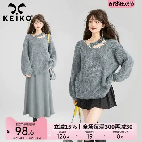 KEIKO 立体花饰灰色毛衣女25春季慵懒感织带饰大圆领宽松针织衫商品大图
