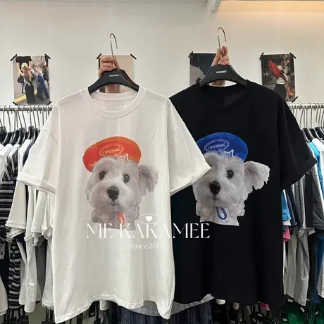韩国东大门夏季新款时尚设计感喷画小狗宽松显瘦短袖T恤上衣女潮商品大图