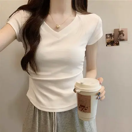 V领正肩短袖T恤女2025新款夏装韩版修身短款褶皱收腰辣妹上衣半袖图片