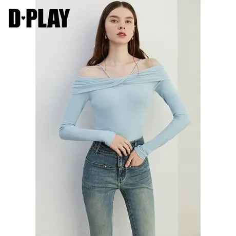 DPLAY2025年春季气质休闲蓝色t恤女洋气一字肩修身弹力打底衫长袖图片