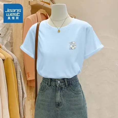 KMV真维斯蓝色纯棉短袖女t恤夏季2025新款宽松设计感减龄学生上衣图片