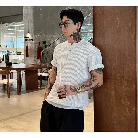 2025新款夏季潮牌亨利领短袖纯色时尚百搭休闲老钱风半袖T恤上衣商品大图