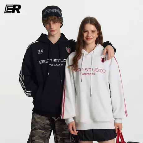 ER条纹贴珠字母连帽卫衣2025秋季美式复古潮牌户外运动情侣外套图片