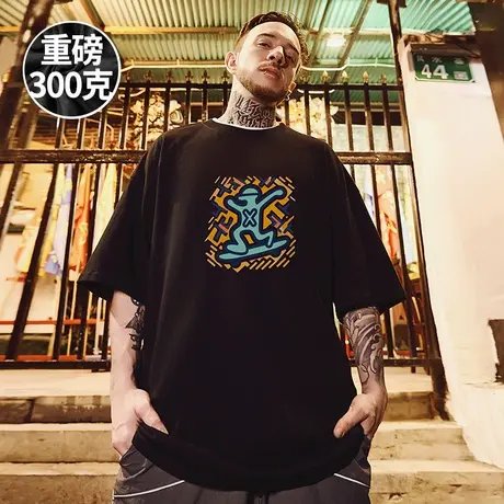 300g重磅美式加肥加大短袖t恤街头大码男装黑色嘻哈纯棉情侣半袖商品大图