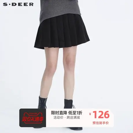 sdeer圣迪奥女装时尚百褶腰带毛呢半身裙黑色短裙子秋S20481312商品大图