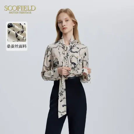 【甄选真丝】Scofield女优雅知性锁链印花蝴蝶结飘带衬衫秋季衬衣图片
