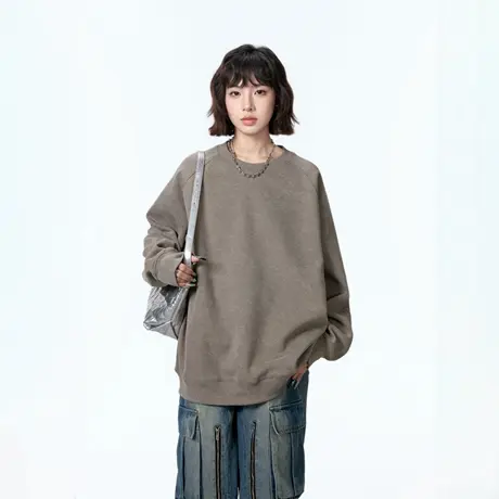 复古插肩袖圆领卫衣女春秋2025年新款长袖炒雪花宽松套头无帽上衣图片