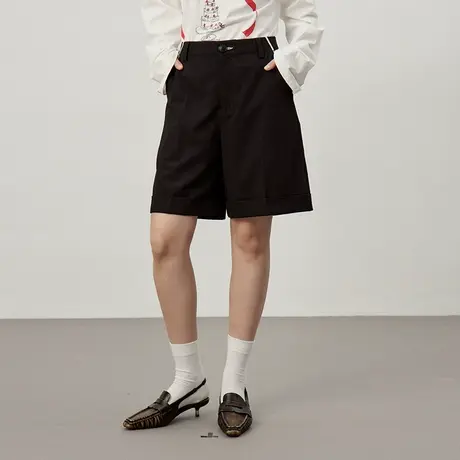 omont蛋挞家 高腰遮肉显瘦黑色中裤秋季撞色宽松休闲五分裤子商品大图