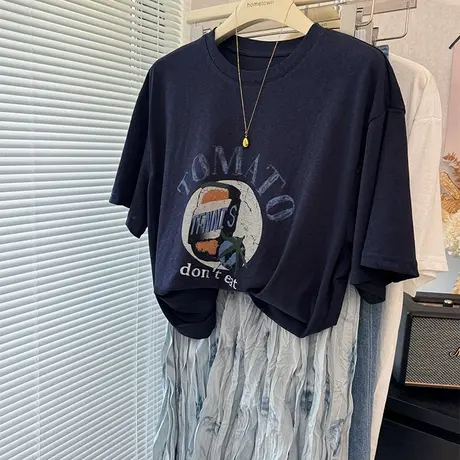 欧美复古潮流印花宽松大版垂感雪花棉短袖T恤女 凉爽白色蓝色体恤商品大图