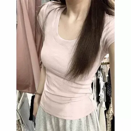 chic甜辣短袖T恤女夏季韩版修身打底衫内搭外穿U领正肩半袖上衣潮图片