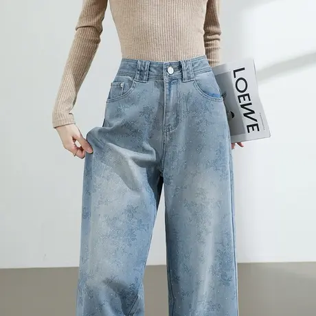 印花牛仔裤女夏季薄款高腰直筒宽松显瘦垂感水洗蓝色拖地阔腿长裤商品大图