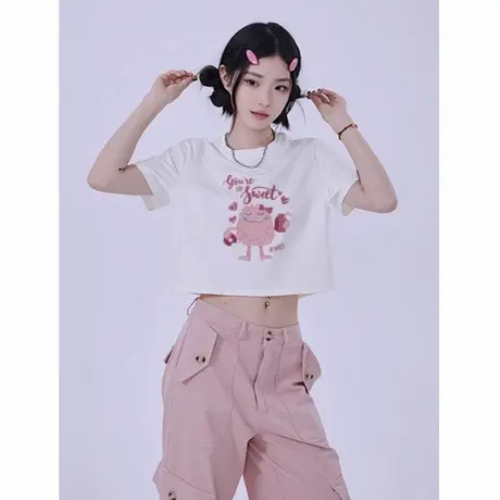 白色短款短袖t恤女夏季2025新款辣妹修身显瘦甜辣小个子体恤上衣图片