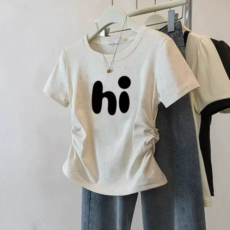 彩虹波点夏季高级感修身短袖t恤女新款正肩圆领短袖褶皱收腰上衣图片