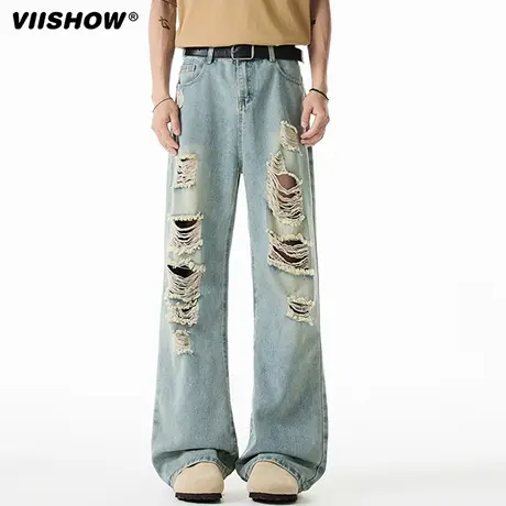 VIISHOW美式刮烂破洞牛仔裤男款春秋潮牌宽松直筒阔腿男生休闲裤商品大图