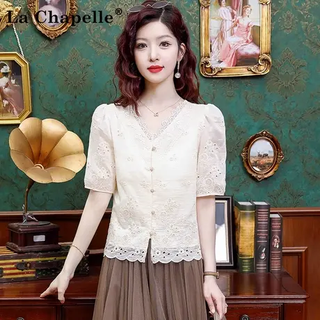 拉夏贝尔法式气质V领短袖衬衫夏季2025新款别致减龄刺绣显瘦上衣商品大图