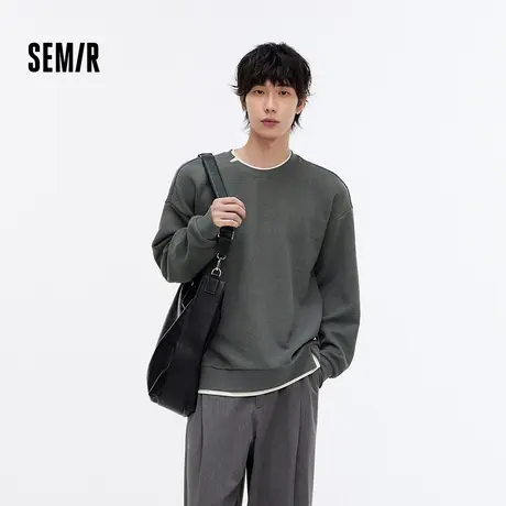 森马卫衣男撞色假两件长袖上衣圆领肌理感字母提花秋装宽松休闲潮图片