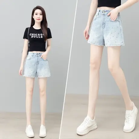 毛边烫钻牛仔短裤女夏季薄款宽松显瘦阔腿裤休闲高腰三分裤商品大图