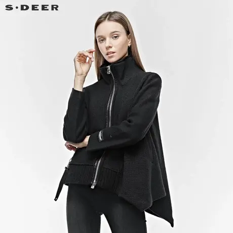 sdeer 圣迪奥 女装高领不规则针织拼接飘带毛呢短款外套S19482223图片