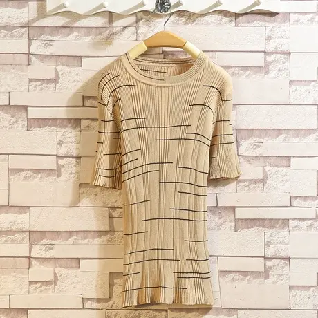 短袖t恤衫女修身针织衫t恤女上衣韩版圆领冰丝针织衫纯色打底衫女图片