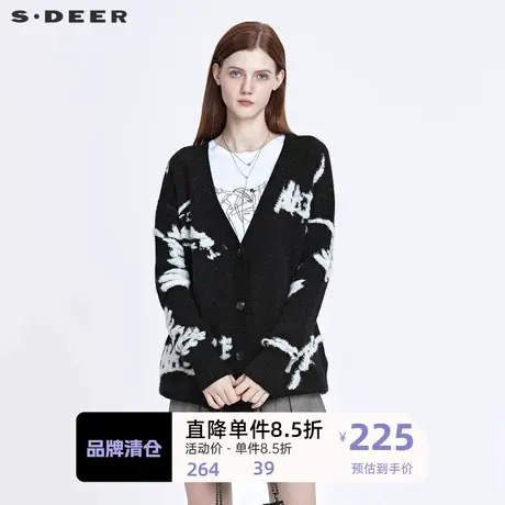 sdeer圣迪奥女装V领撞色钩花开襟针织衫毛衣外套开衫女S21363512图片