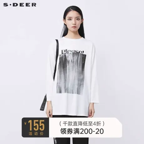 sdeer圣迪奥冬装时尚圆领字母印花长款白色T恤S21480214图片