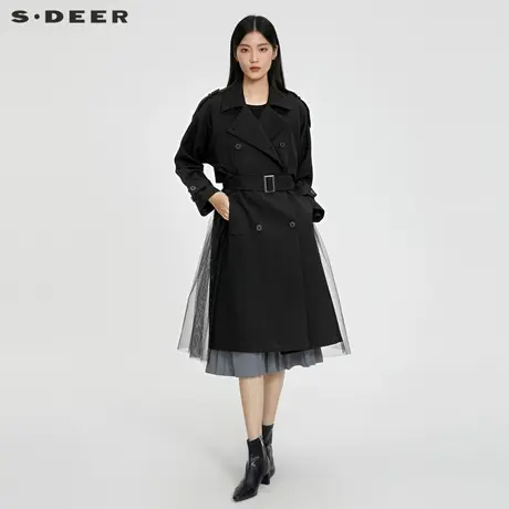 sdeer圣迪奥女装时尚翻领收腰网纱长款风衣S231Z1810图片